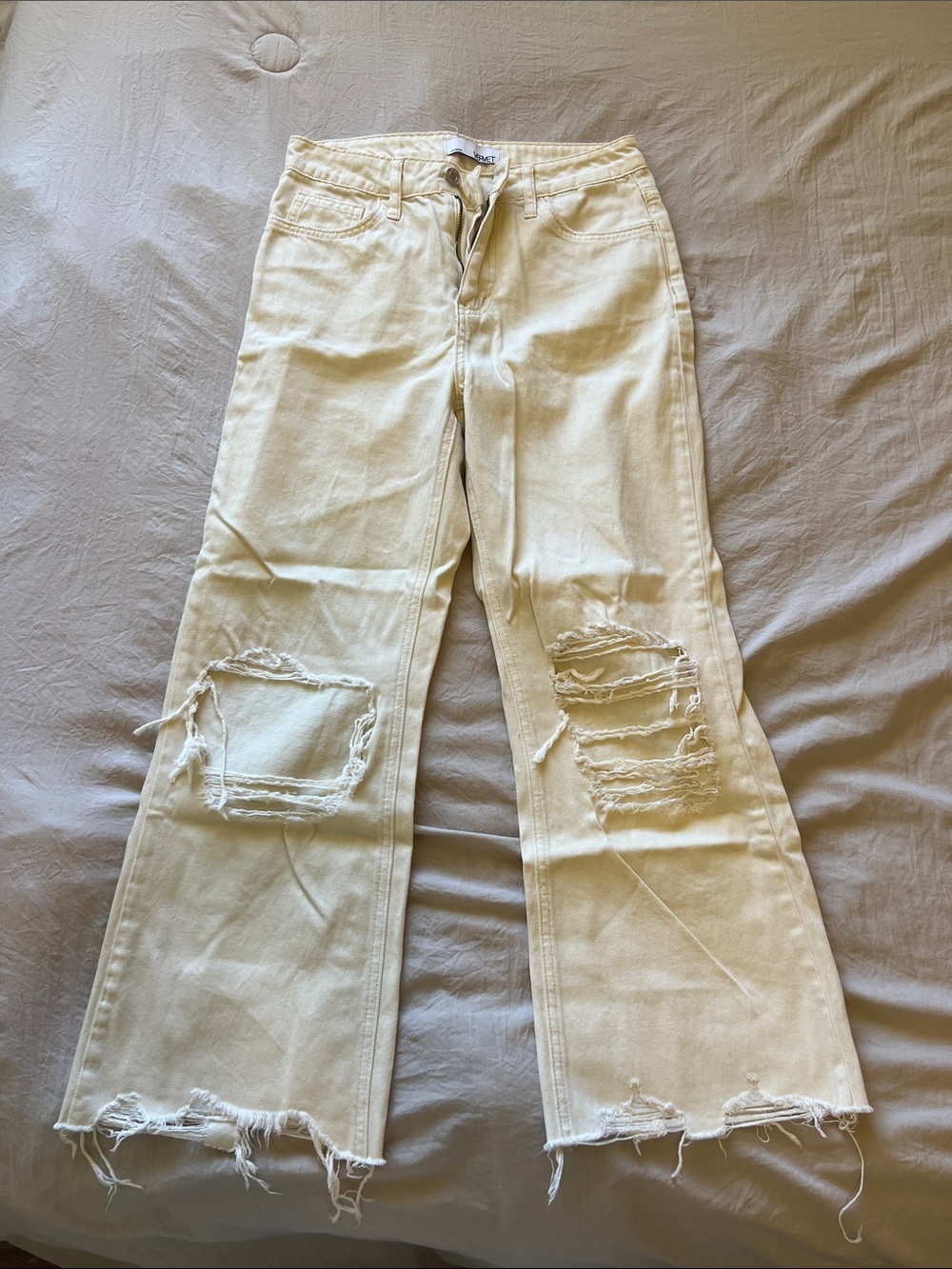 High-Rise Cream Distressed Wide-Leg Jeans